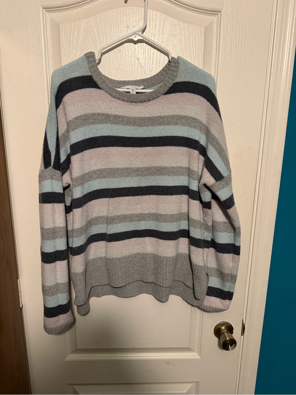 Time and Tru Striped Crewneck Sweater in Light Blue, Gray & Pink